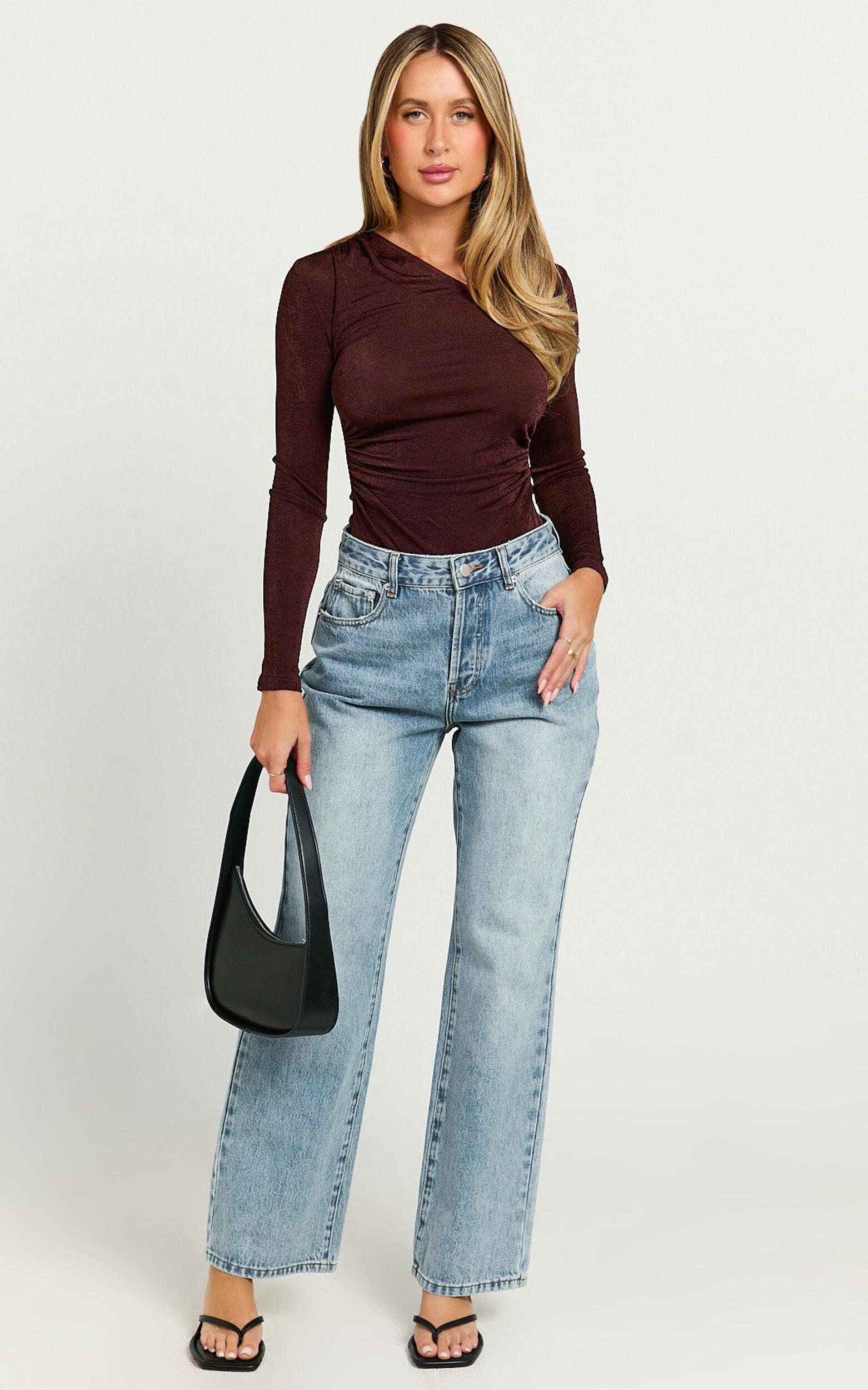 Genie Bodysuit - Long Sleeve Asymmetric Neckline Bodysuit in Chocolate Product Image