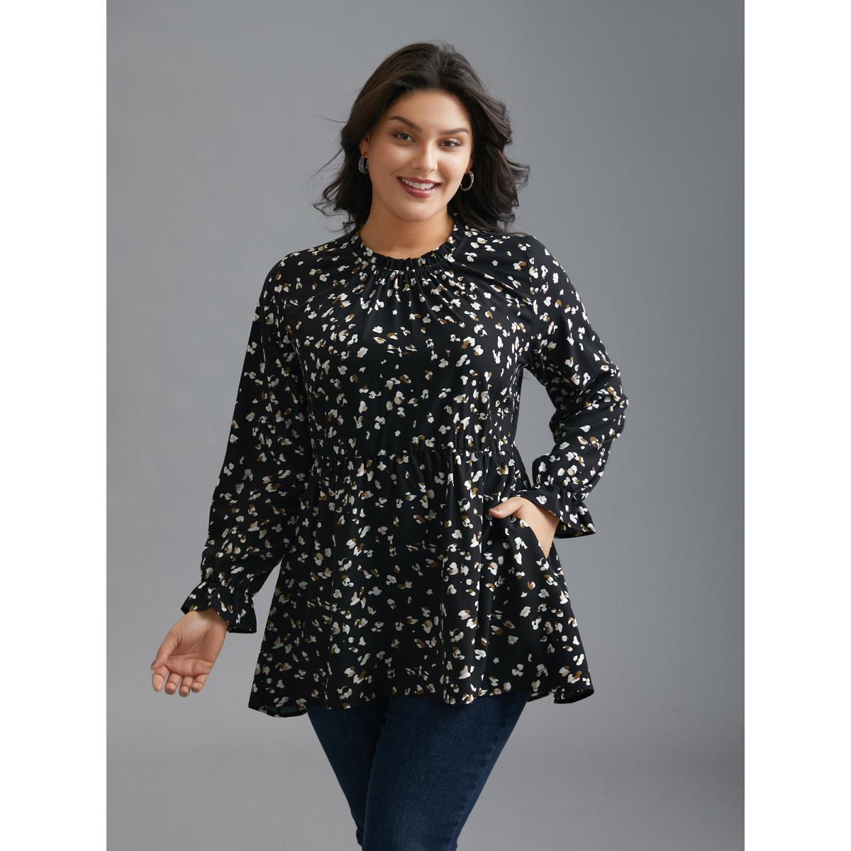 Plus Size Black Color Leopard Print Frill Trim Blouse Women Elegant Long Sleeve Round Neck Everyday Blouses BloomChic 26/4X Product Image