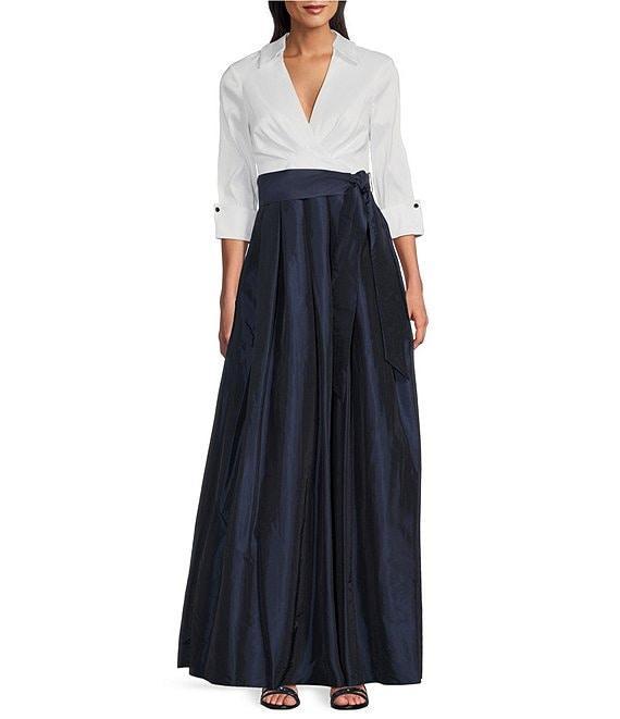 Jessica Howard 3/4 Cuff Sleeve Collared V-Neck Tie Sash Ball Gown Product Image