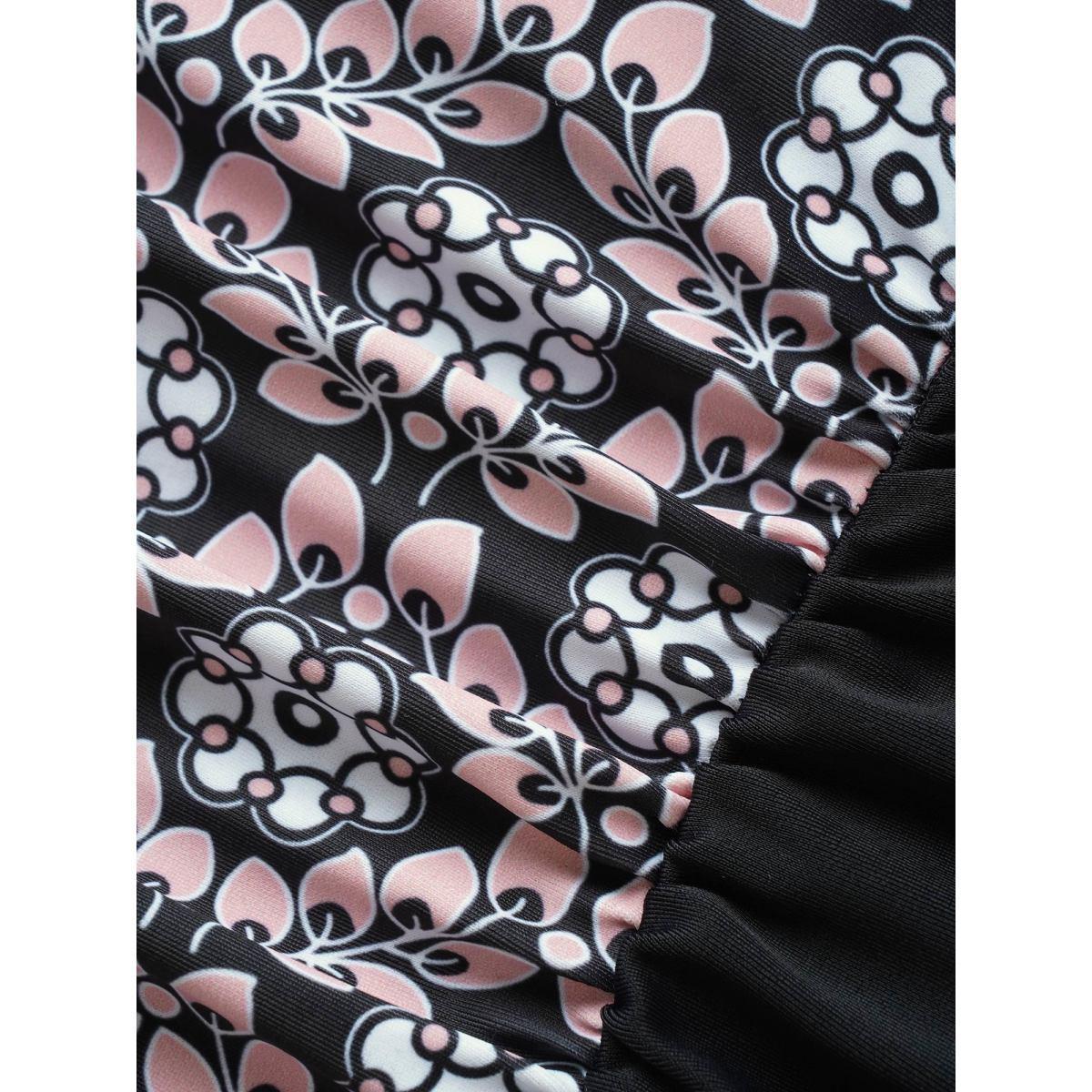 Plus Size Overlap Collar Boho Print Patchwork One Piece Swimsuit Women's Swimwear Black Beach Gathered Curve Bathing Suits High stretch One Pieces BloomChic 26/4X Product Image