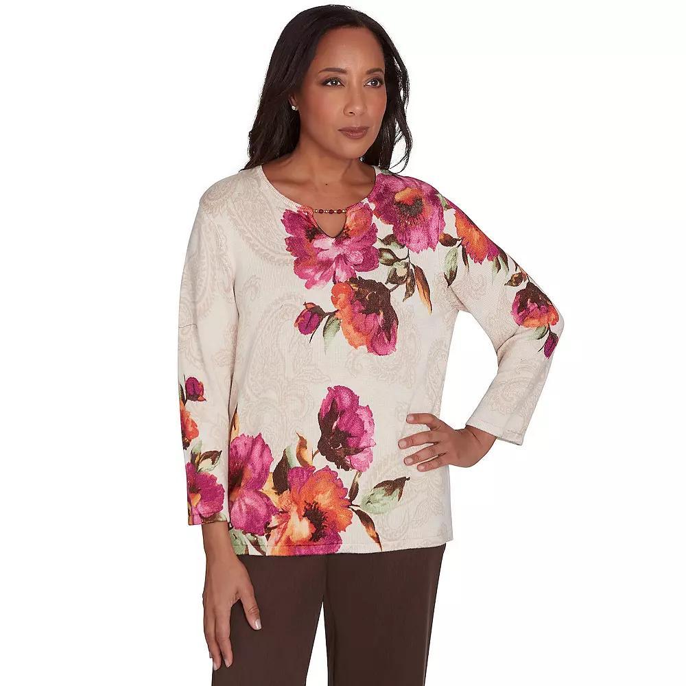 Women's Alfred Dunner Watercolor Floral Beaded Top, Size: Large, Neutral Team Product Image