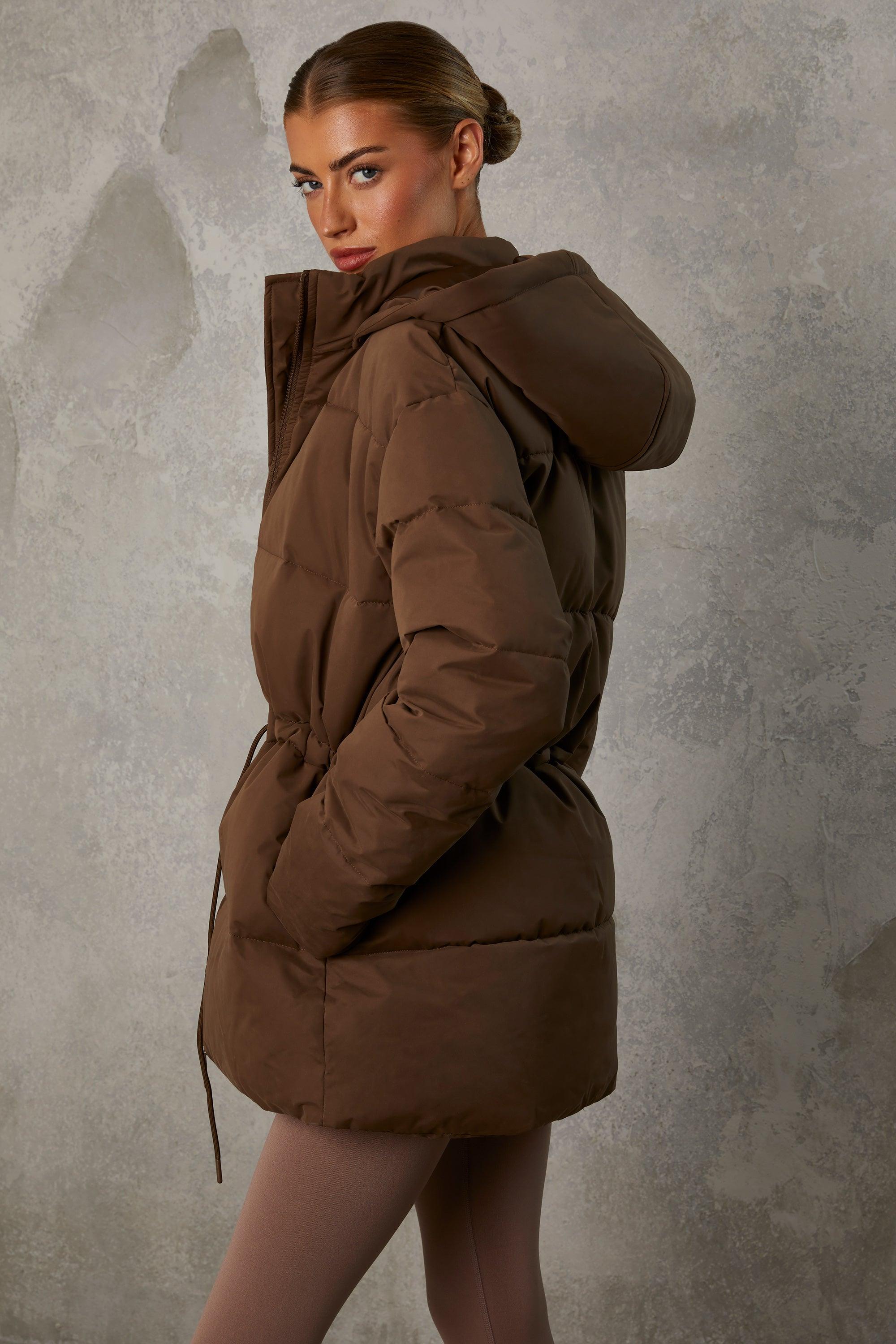 Mid Length Hooded Puffer Coat in Cocoa Brown Product Image