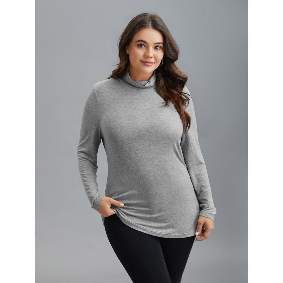Plus Size Supersoft Essentials Solid Funnel Neck Knit T-shirt LightGray Women Elegant Plain Plain Ruffled collar Bodycon Dailywear T-shirts BloomChic 12/L Product Image