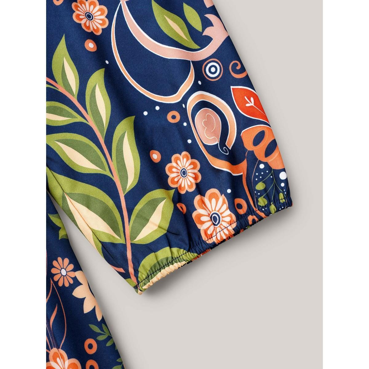 Plus Size Boho Print V-Neck Pockets Midi Dress DarkBlue Women Resort Non V-neck Elbow-length sleeve Curvy BloomChic 12/L Product Image