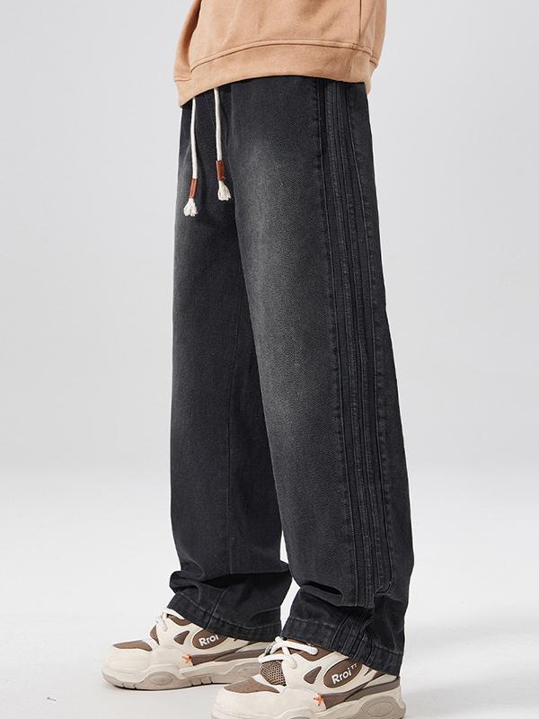 Men's Vintage Wash Elastic Waist Drawstring loose Jeans Product Image