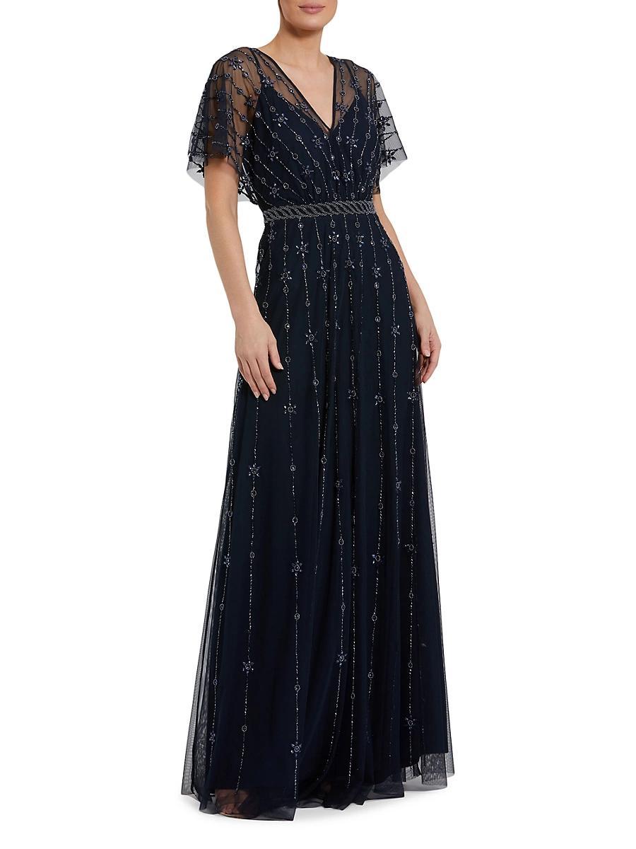 Womens Crystal-Embellished Flutter-Sleeve A-Line Gown Product Image