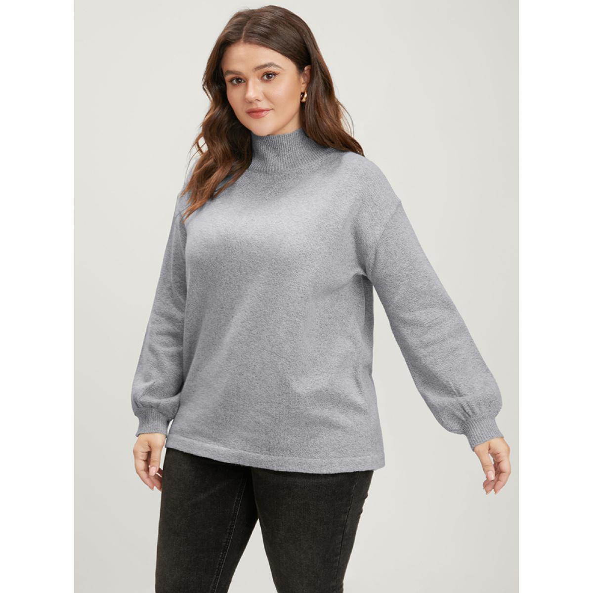 Plus Size Solid Pointelle Knit Lantern Sleeve Mock Neck Heather Knit Top LightGray Women Casual Long Sleeve Mock Neck Dailywear Pullovers BloomChic 14-16/1X Product Image