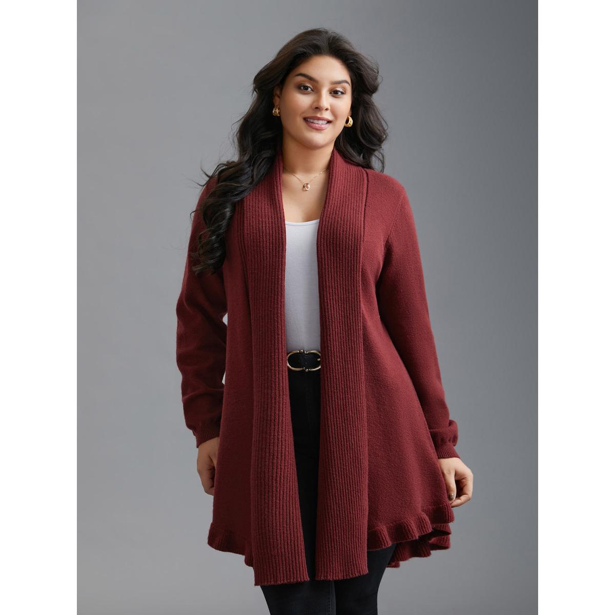 Plus Size Kimono Collar Texture Knit Ruffle Hem Cardigan Deepred Women Casual Loose Long Sleeve Everyday Cardigans BloomChic 10/M Product Image