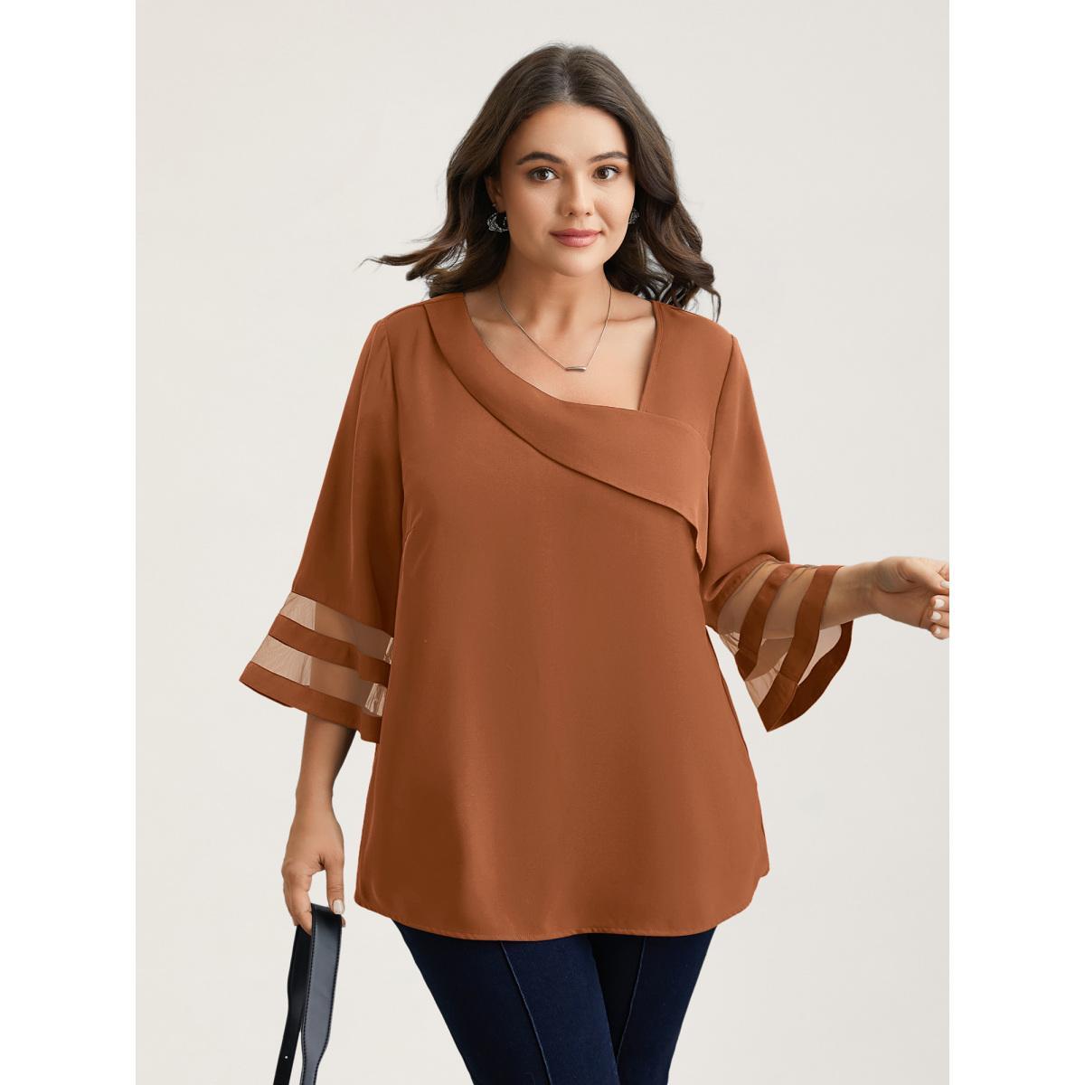 Plus Size Mauve Sheer Sleeve Patchwork Asymmetrical Neckline Blouse Women At the Office Elbow-length sleeve Asymmetrical Neck Work Blouses BloomChic 12/L Product Image