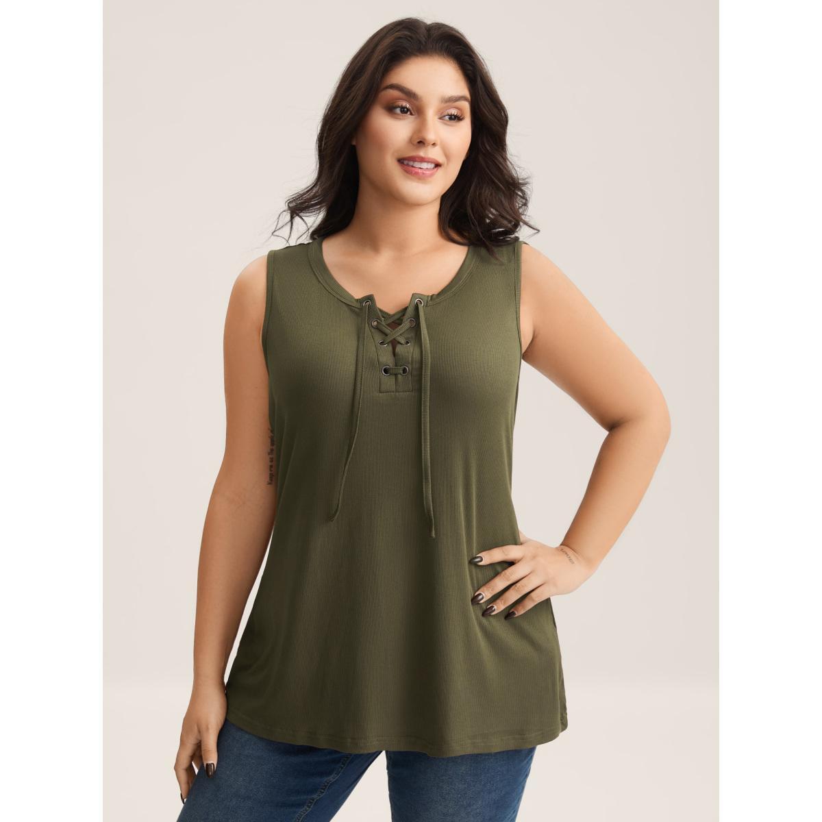 Plus Size Pit Strip Tie Neck Tank Top Women ArmyGreen Eyelet Non Everyday-Casual Tank Tops Camis BloomChic 12/L Product Image
