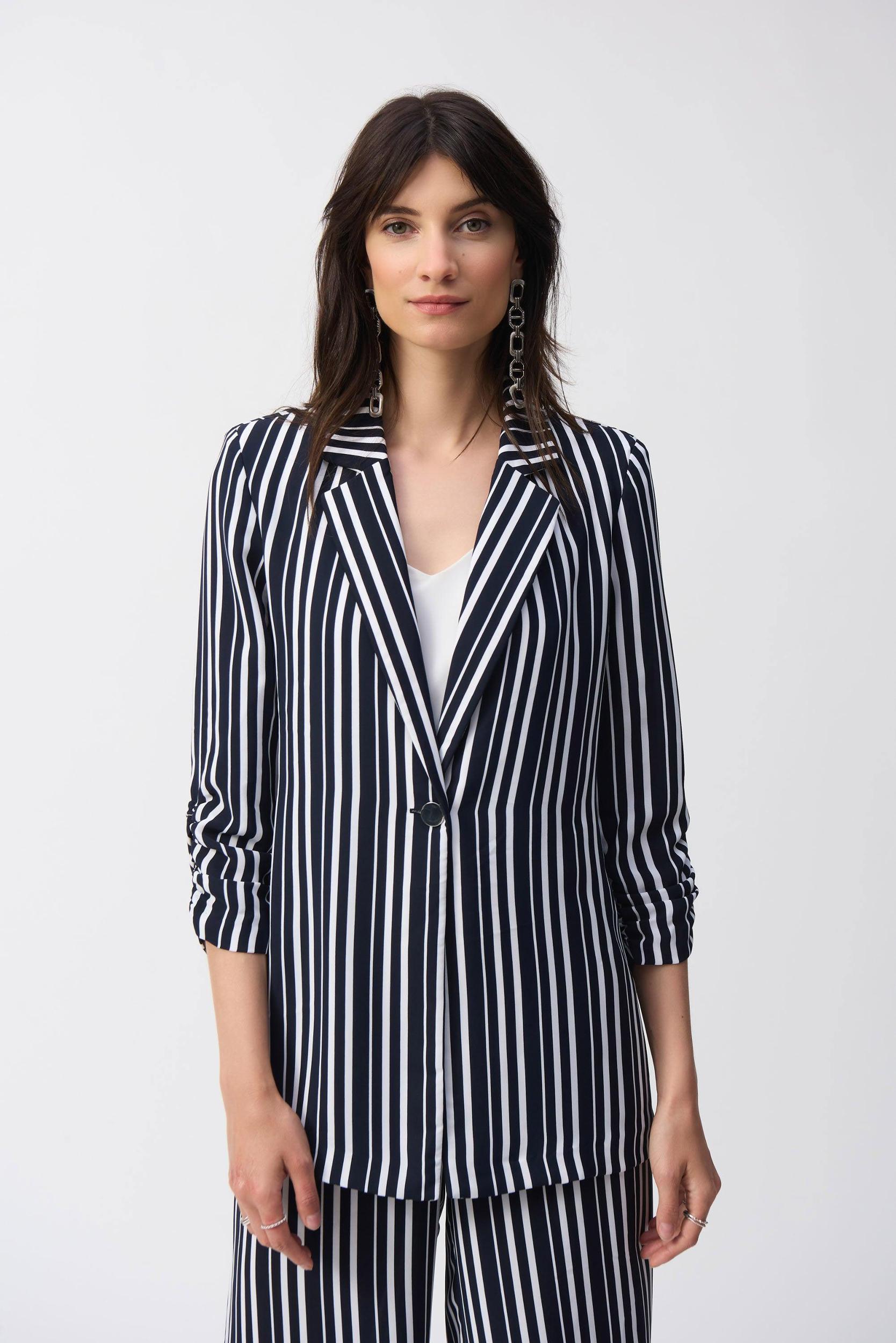 Woven Stripe Print Boxy Blazer- Midnight Blue/Vanilla Product Image