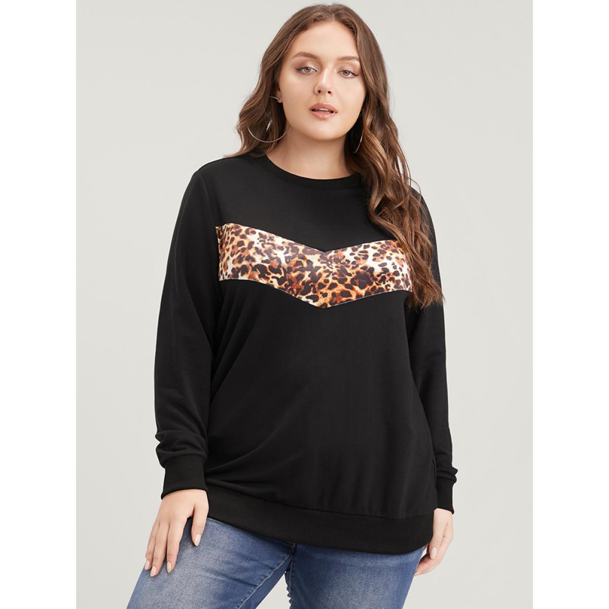 Plus Size Leopard Patchwork Round Neck Drop Shoulder Sweatshirt Women Black Casual Patchwork Round Neck Dailywear Sweatshirts BloomChic 26/4X Product Image