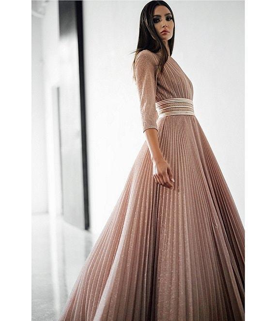 Ieena for Mac Duggal Crew Neck 3/4 Sleeve Shimmering Ball Gown Product Image
