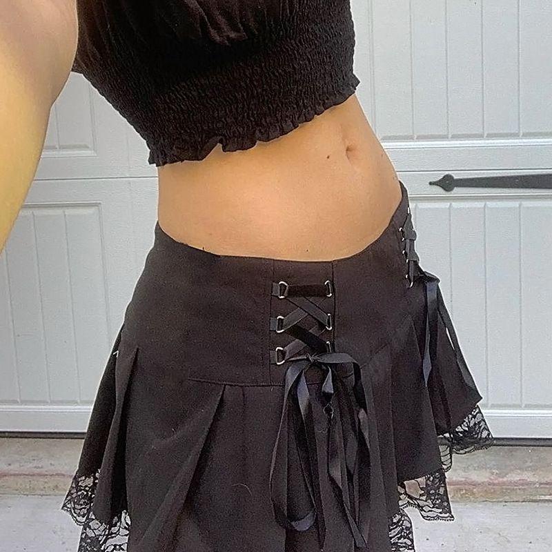 Lace-Up Pleated Lace Mini Skirt Product Image