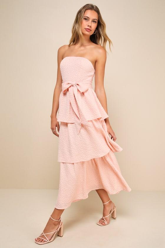 Truly Marvelous Blush Pink Jacquard Strapless Tiered Midi Dress Product Image