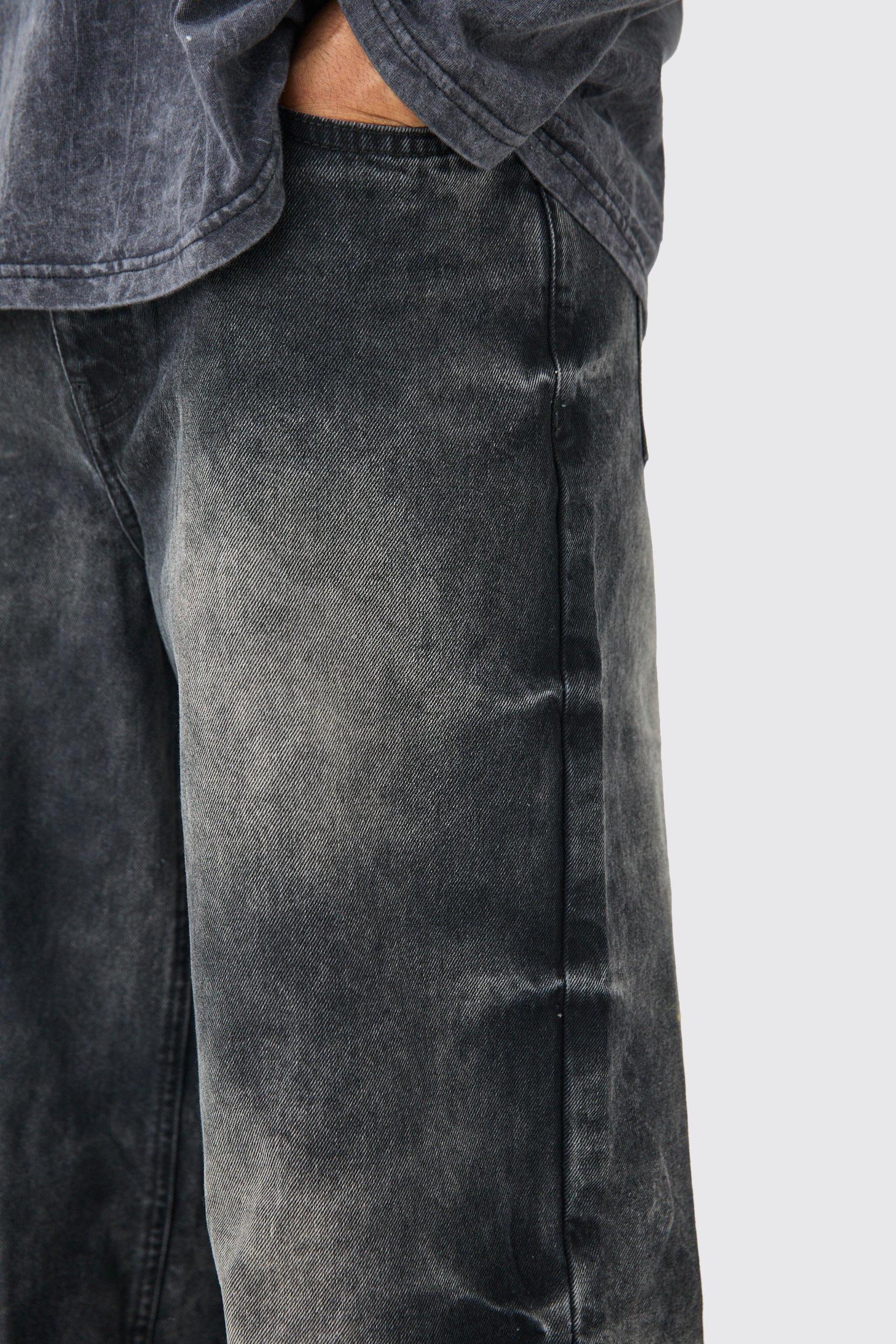 Extreme Super Baggy Acid Wash Jeans In Washed Black | boohooMAN USA Product Image