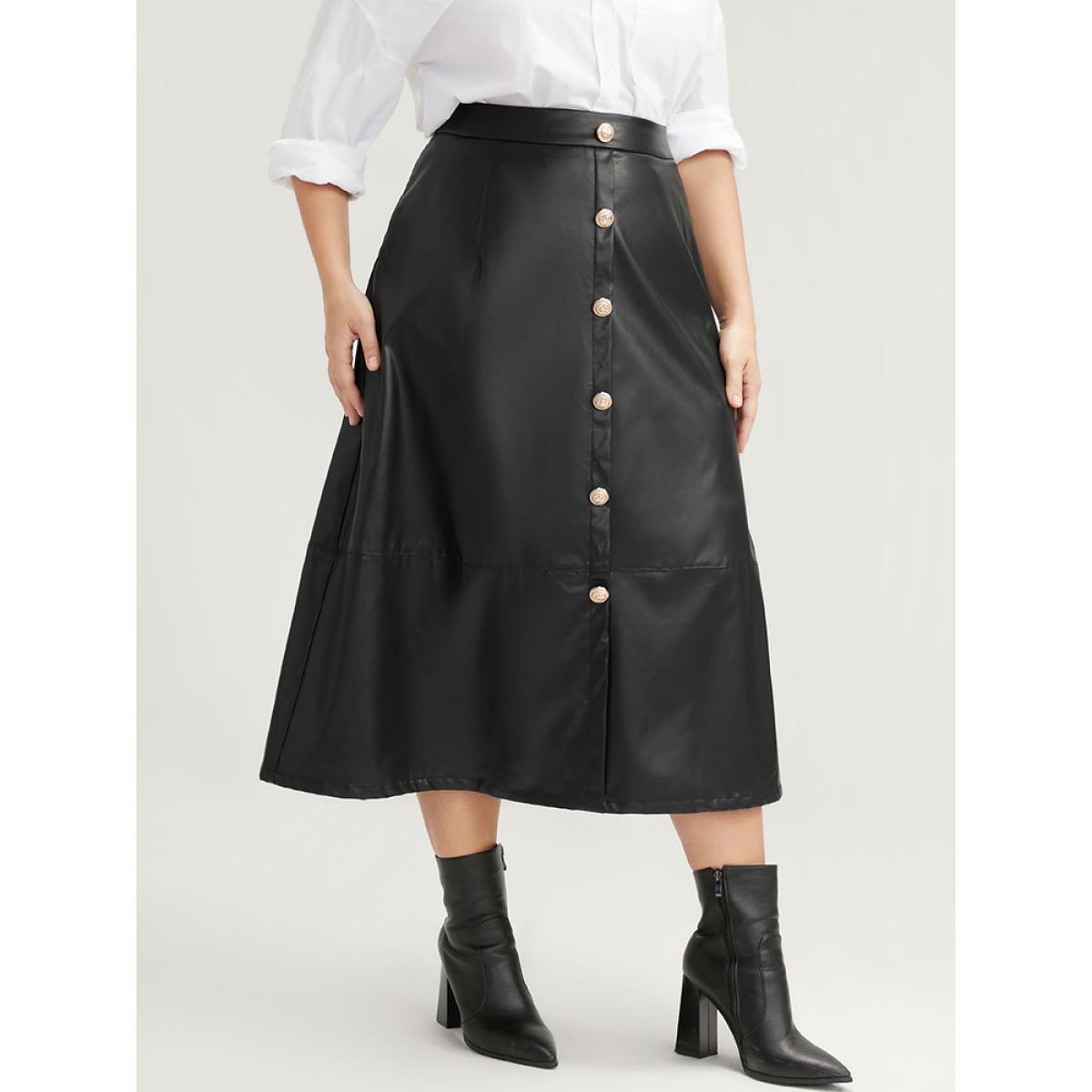 Plus Size PU Leather Button Detail Skirt Women Black Glamour Button Low stretch Going out Skirts BloomChic 28/5X Product Image