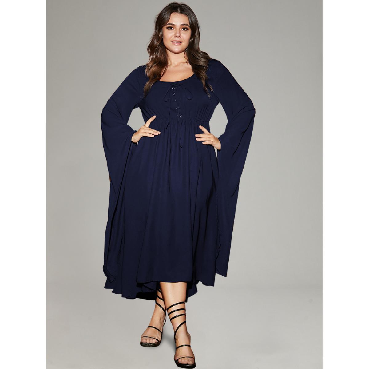 Plus Size Solid Bell Sleeve Pocket Ties High Low Hem Dress DarkBlue Women Elegant Non V-neck Long Sleeve Curvy Midi Dress BloomChic 18-20/2X Product Image