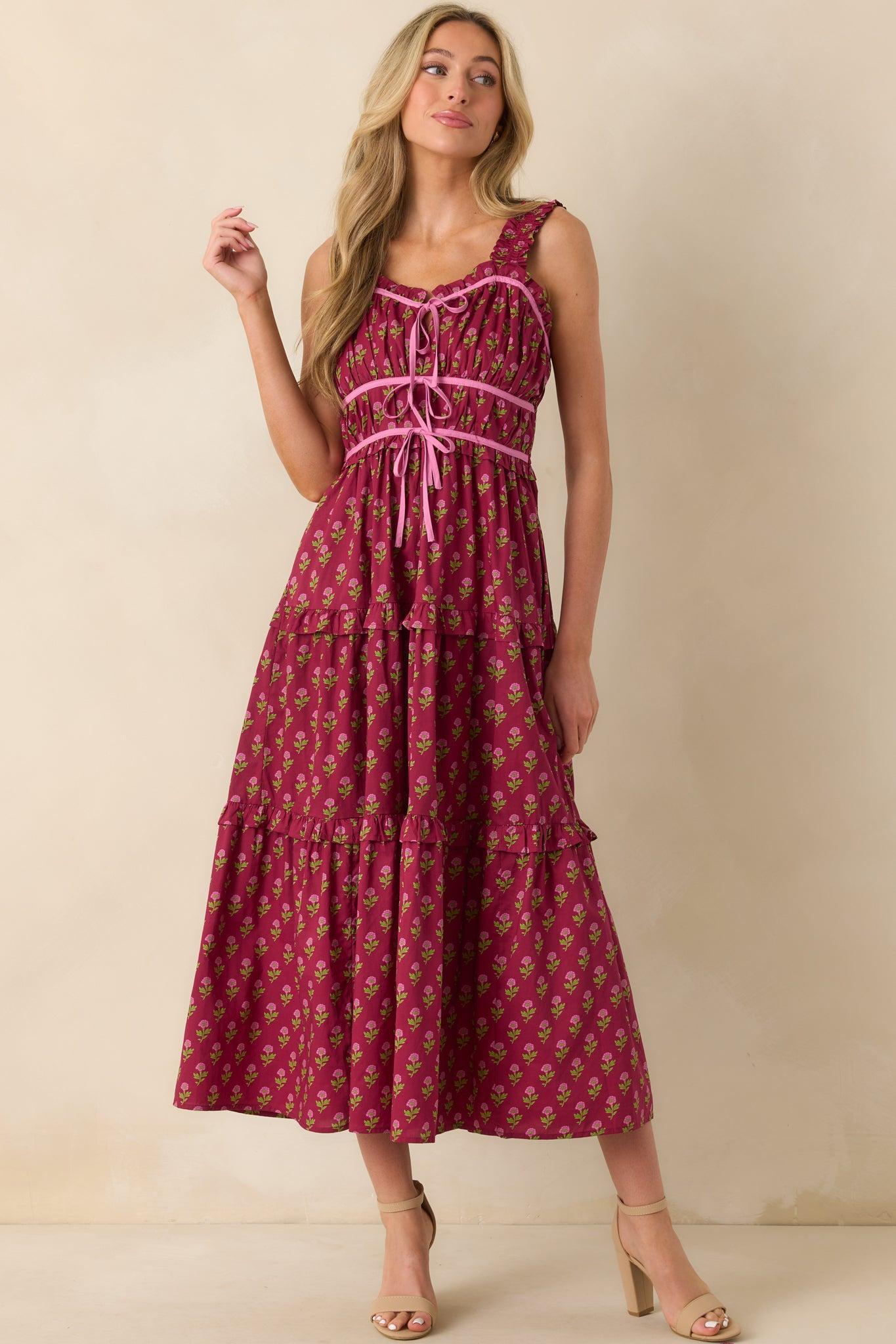 Endless Compliments Burgundy Floral Print Cotton Maxi Dress Product Image