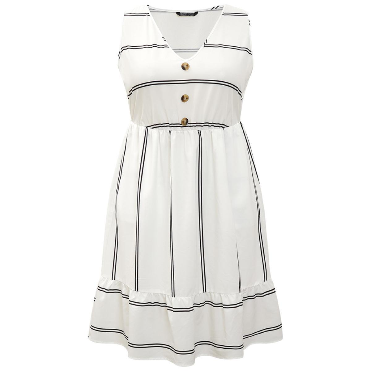 Plus Size Striped Pocket Button Detail Ruffle Elastic Waist Dress White Women Elegant Texture V-neck Sleeveless Curvy Knee Dress BloomChic 10/M Product Image