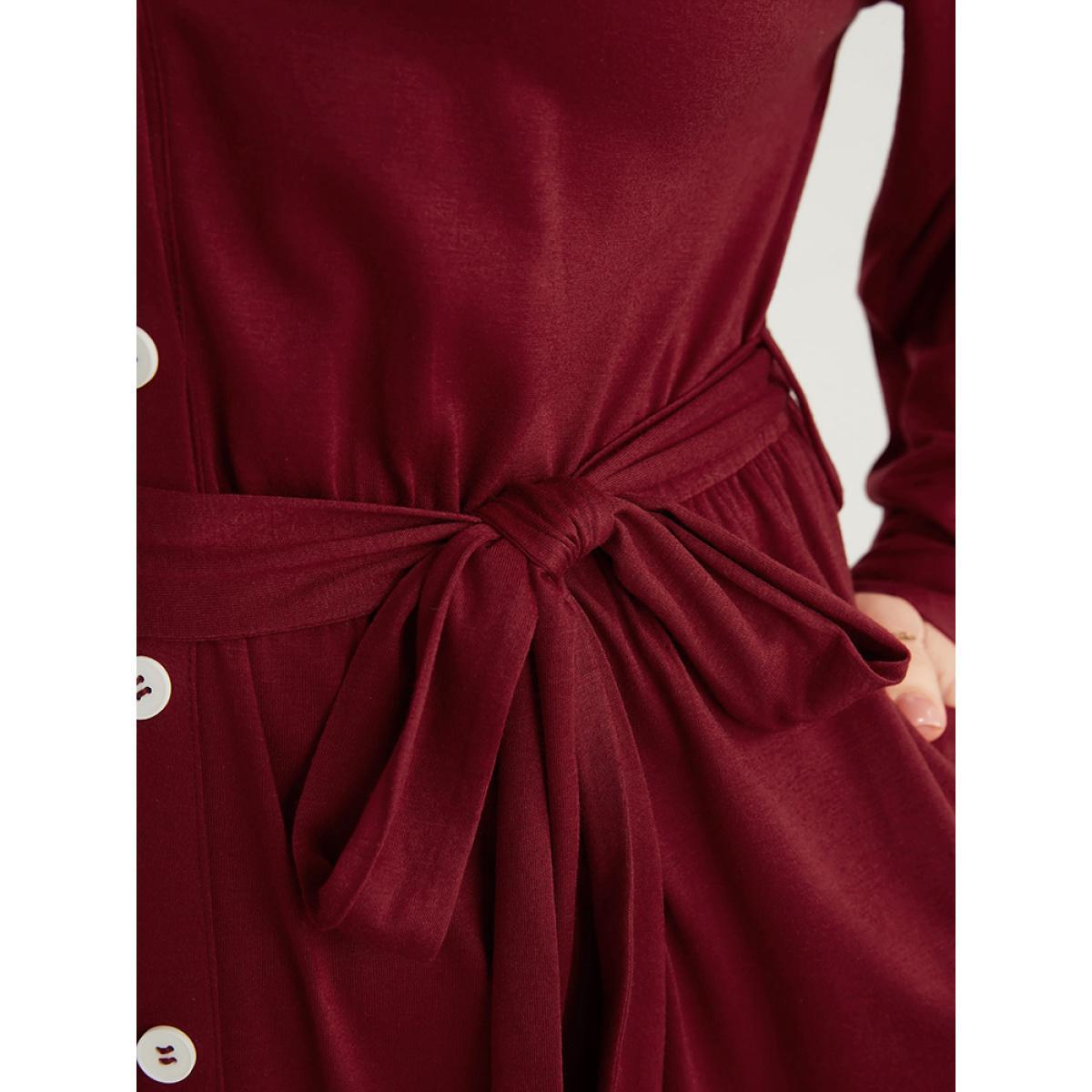 Plus Size Solid Pocket Button Up Belted Flutter Dress Scarlet Women Office Gathered Shirt collar Long Sleeve Curvy Midi Dress BloomChic 12/L Product Image