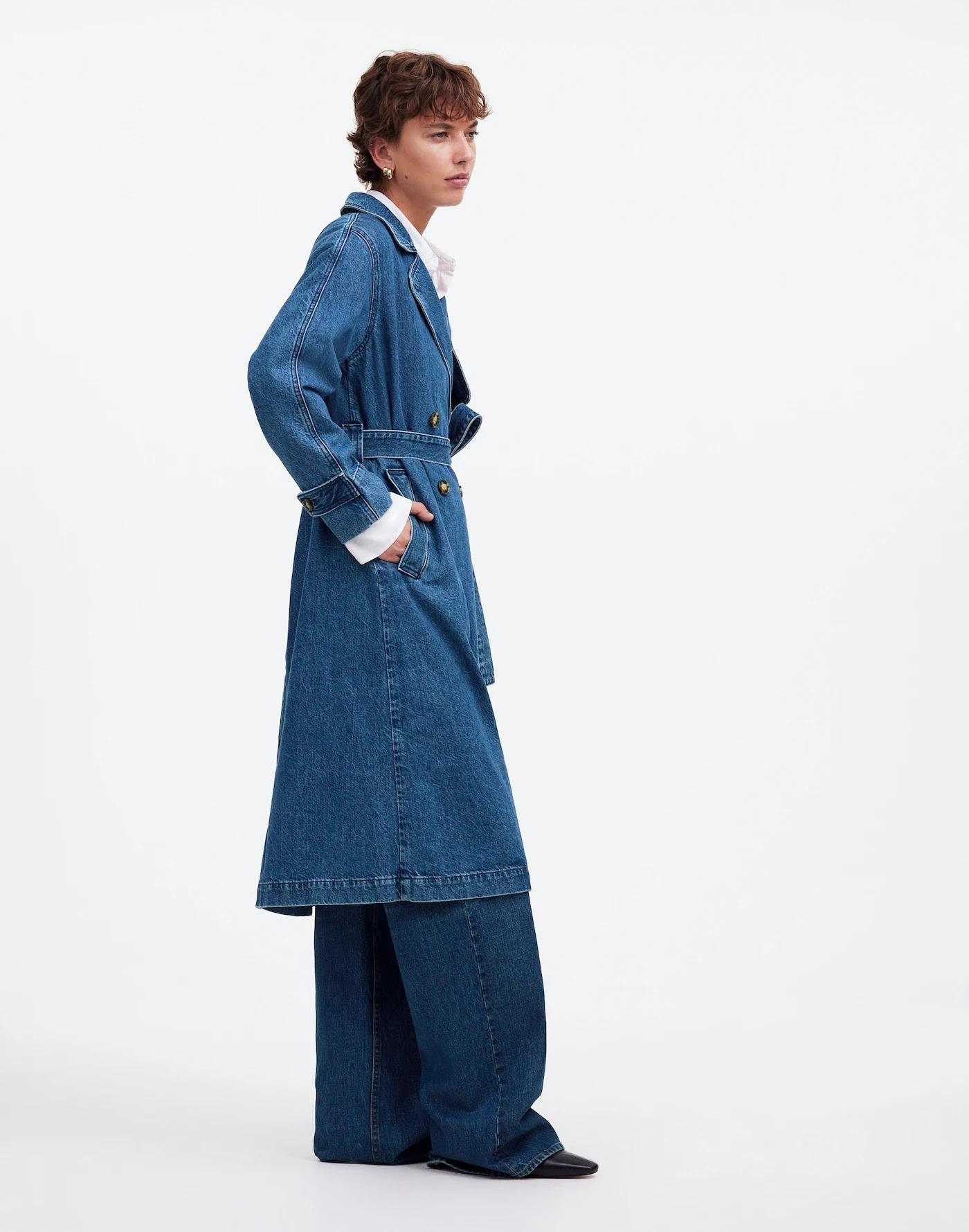 Denim Double-Breasted Crop Trench Coat in Ravenwood Wash Product Image