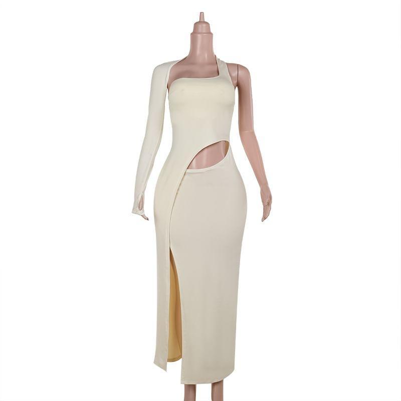 One-Shoulder Long-Sleeve Plain Cutout Slit Mini Bodycon Dress Product Image