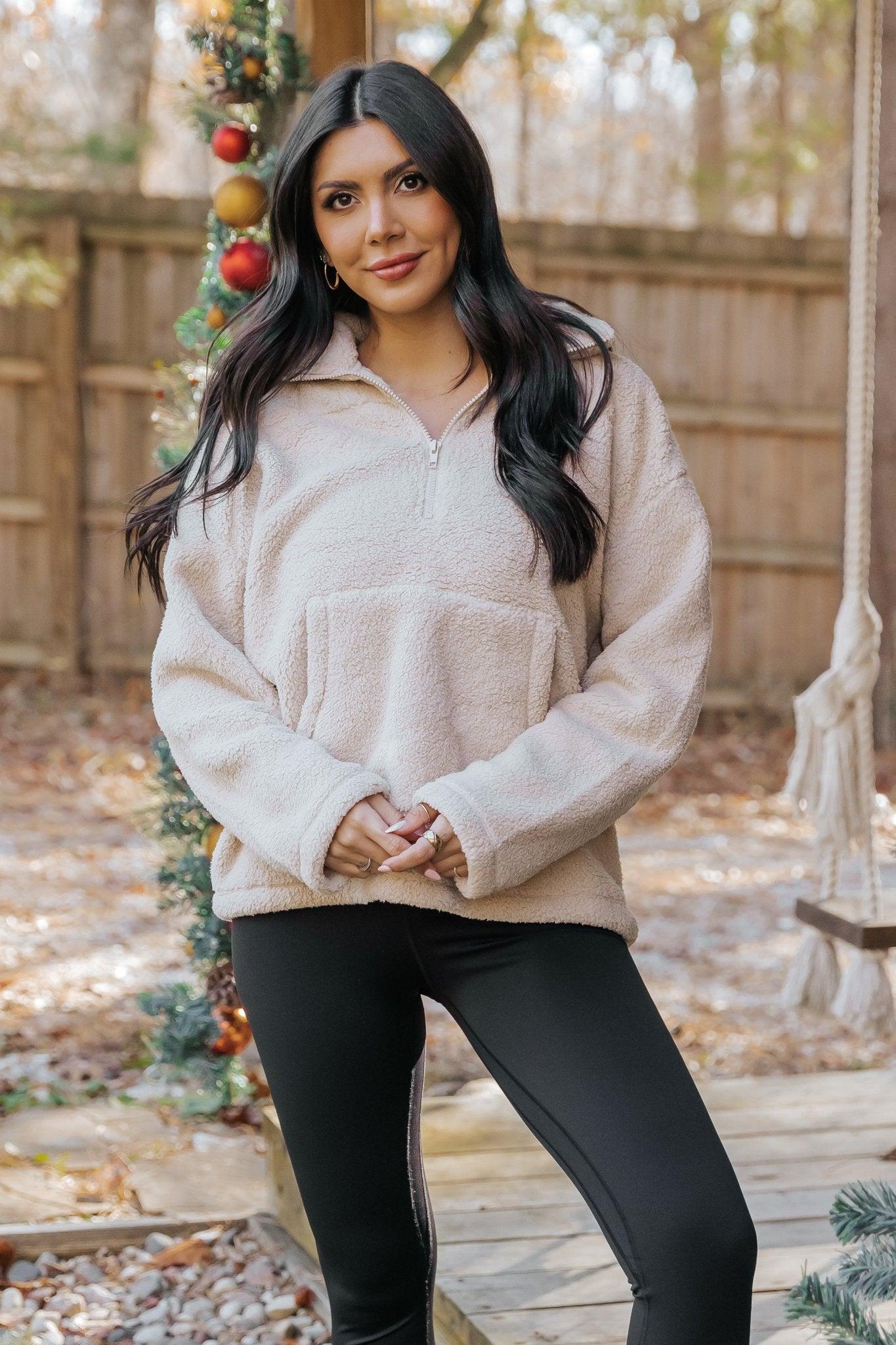 Beige Fleece Half Zip Up Jacket - FINAL SALE Product Image