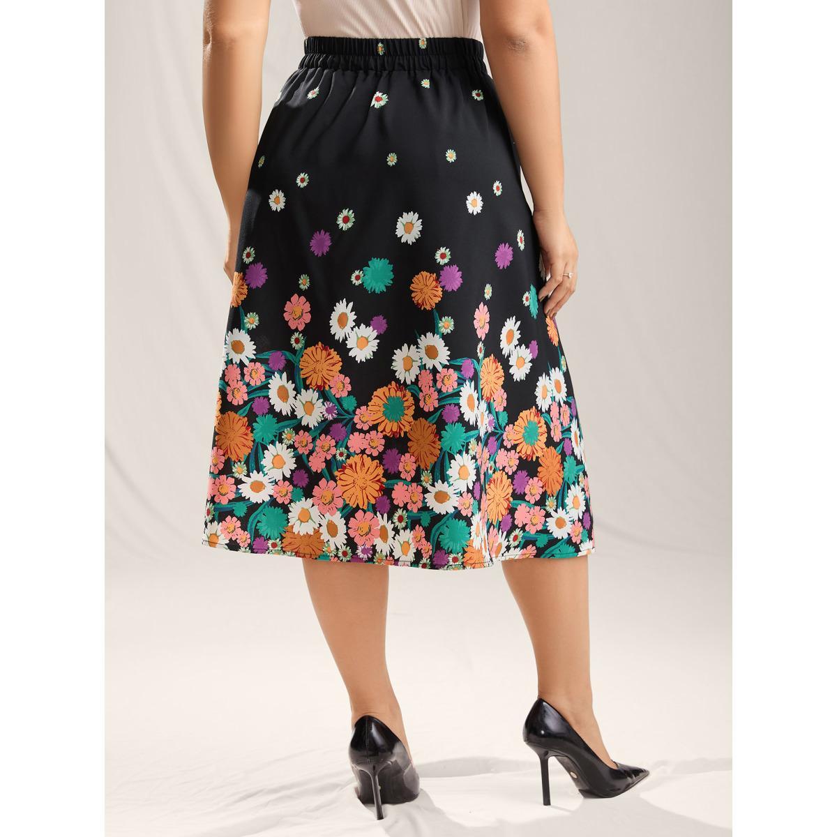 Plus Size Floral Print Pleated Midi Skirt Women BlackFlower Elegant Contrast Bodycon Low stretch Slanted pocket Party Skirts BloomChic 14-16/1X Product Image