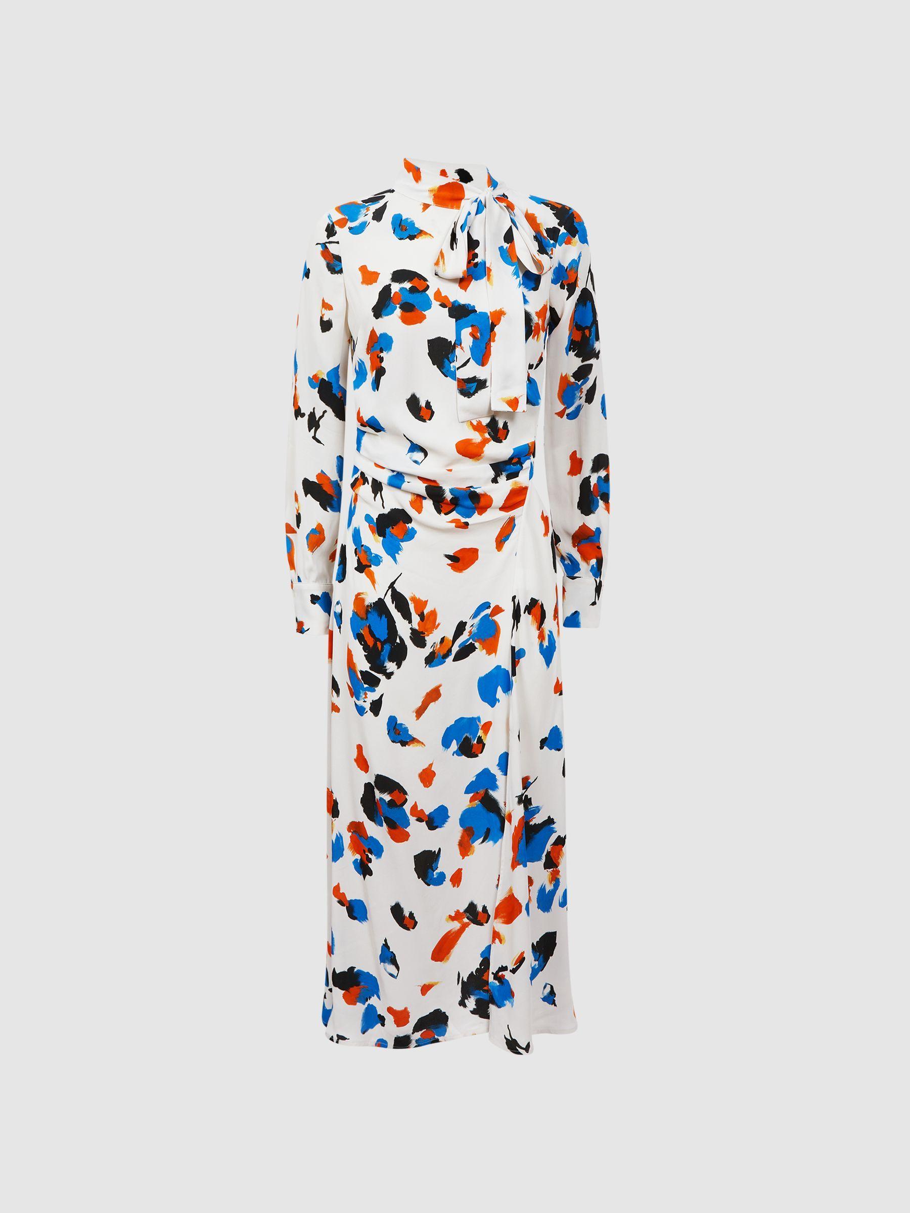 Printed Tie Neck Midi Dress in Blue Product Image