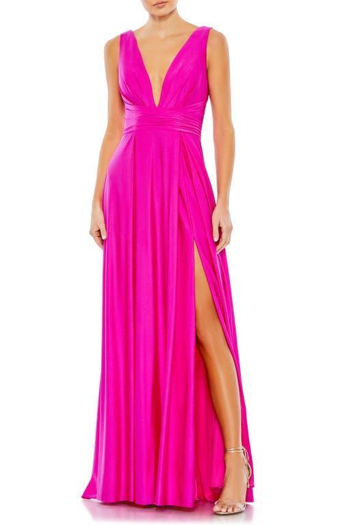 Mac Duggal Pleated Deep V-Neck Sleeveless Empire Waist Thigh High Slit A Product Image