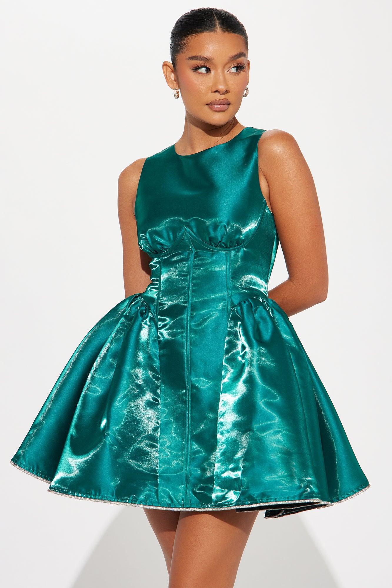 Born To Enchant Taffeta Mini Dress - Hunter Product Image