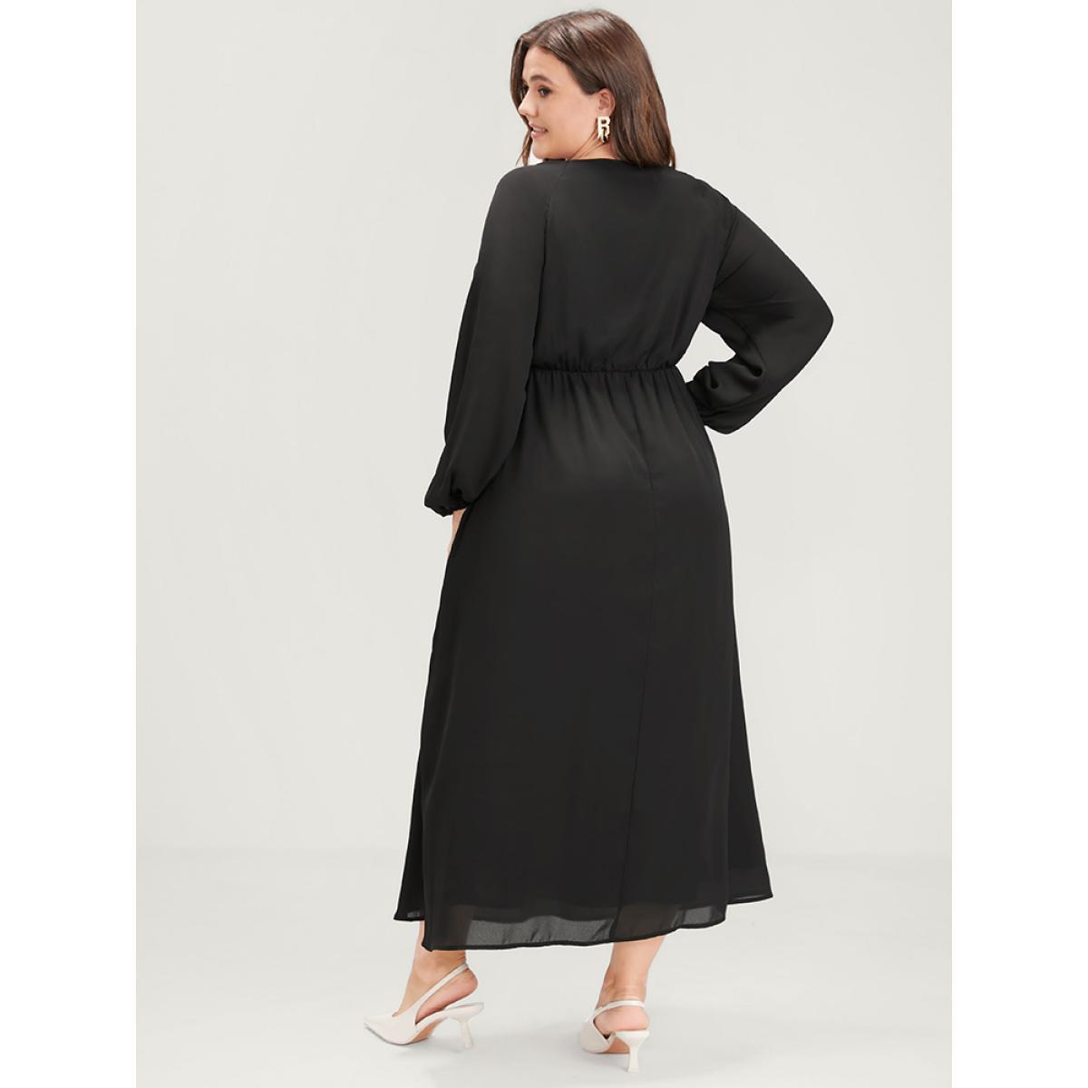 Plus Size Plain Lantern Sleeve Pocket Ruffle Trim V Neck Split Dress Black Women Elegant Elastic Waist V-neck Long Sleeve Curvy Midi Dress BloomChic 12/L Product Image