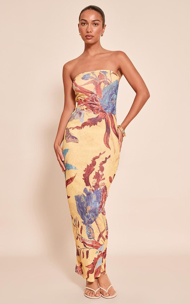 Yellow Floral Abstract Printed Onion Skin Bandeau Maxi Dress Product Image