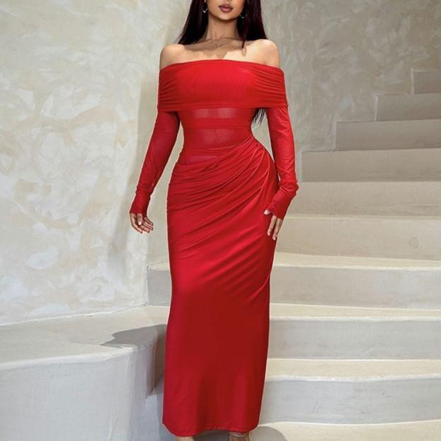 Off-Shoulder Long-Sleeve Two-Tone Shirred Midi Mermaid Dress Product Image
