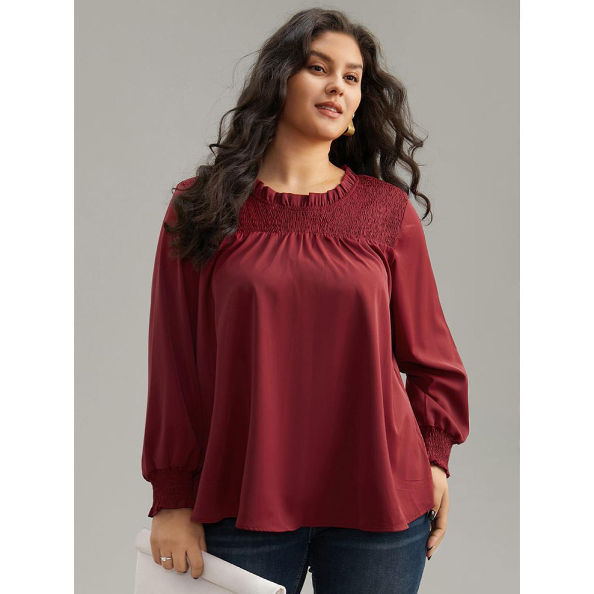 Plus Size Scarlet Static-Free Solid Shirred Frill Trim Blouse Women Office Long Sleeve Round Neck Work Blouses BloomChic 12/L Product Image