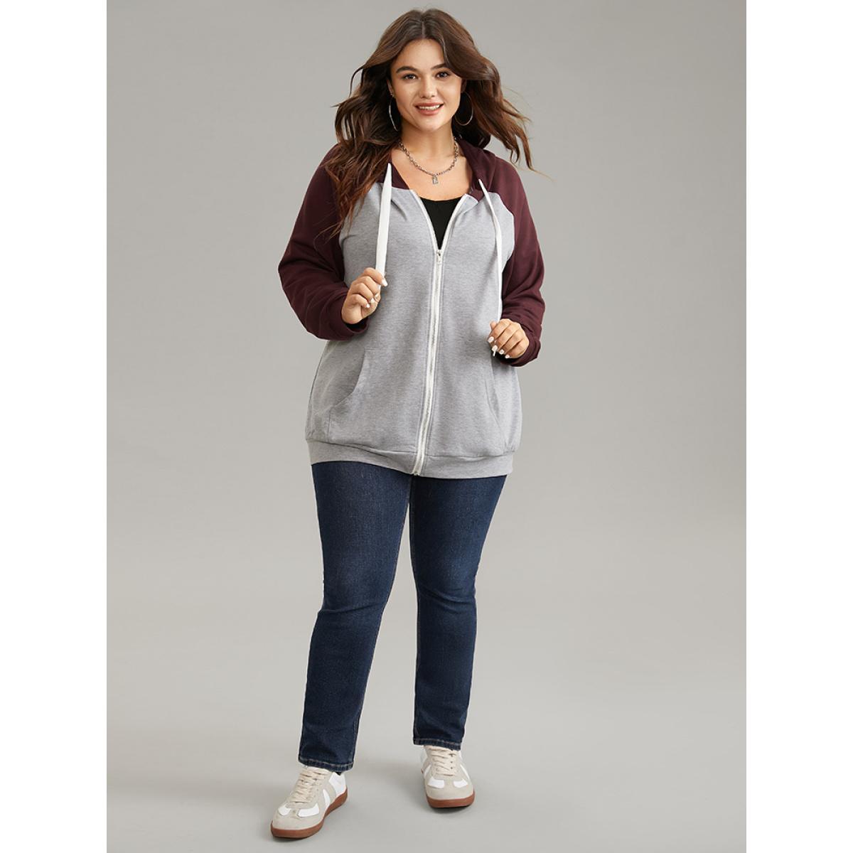 Plus Size Contrast Raglan Sleeve Zipper Hooded Sweatshirt Women Gray Casual Contrast Hooded Dailywear Sweatshirts BloomChic 10/M Product Image