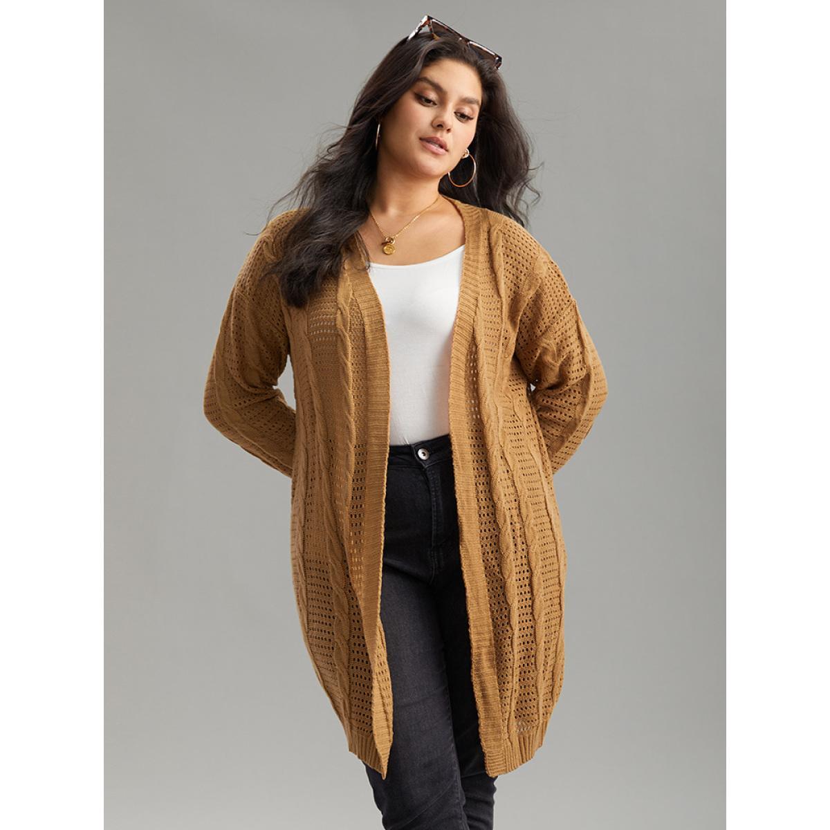 Plus Size Plain Cable Knit Elastic Cuffs Cardigan Bronze Women Casual Loose Long Sleeve Dailywear Cardigans BloomChic 14-16/1X Product Image