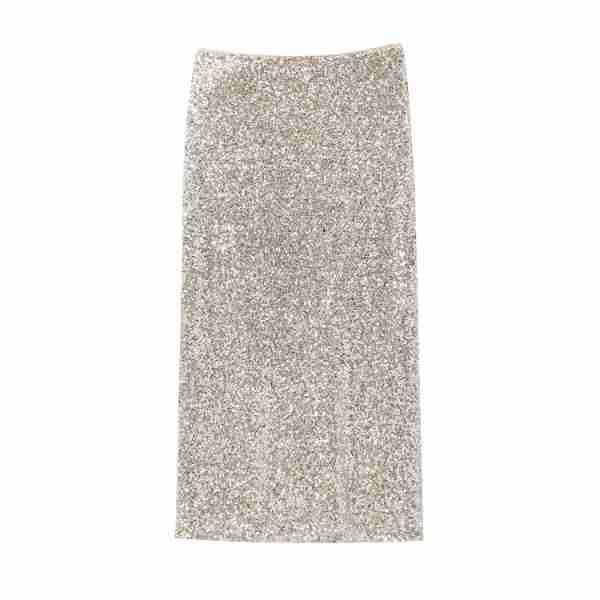 High Rise Plain Sequin Midi Straight Wrap Skirt Product Image