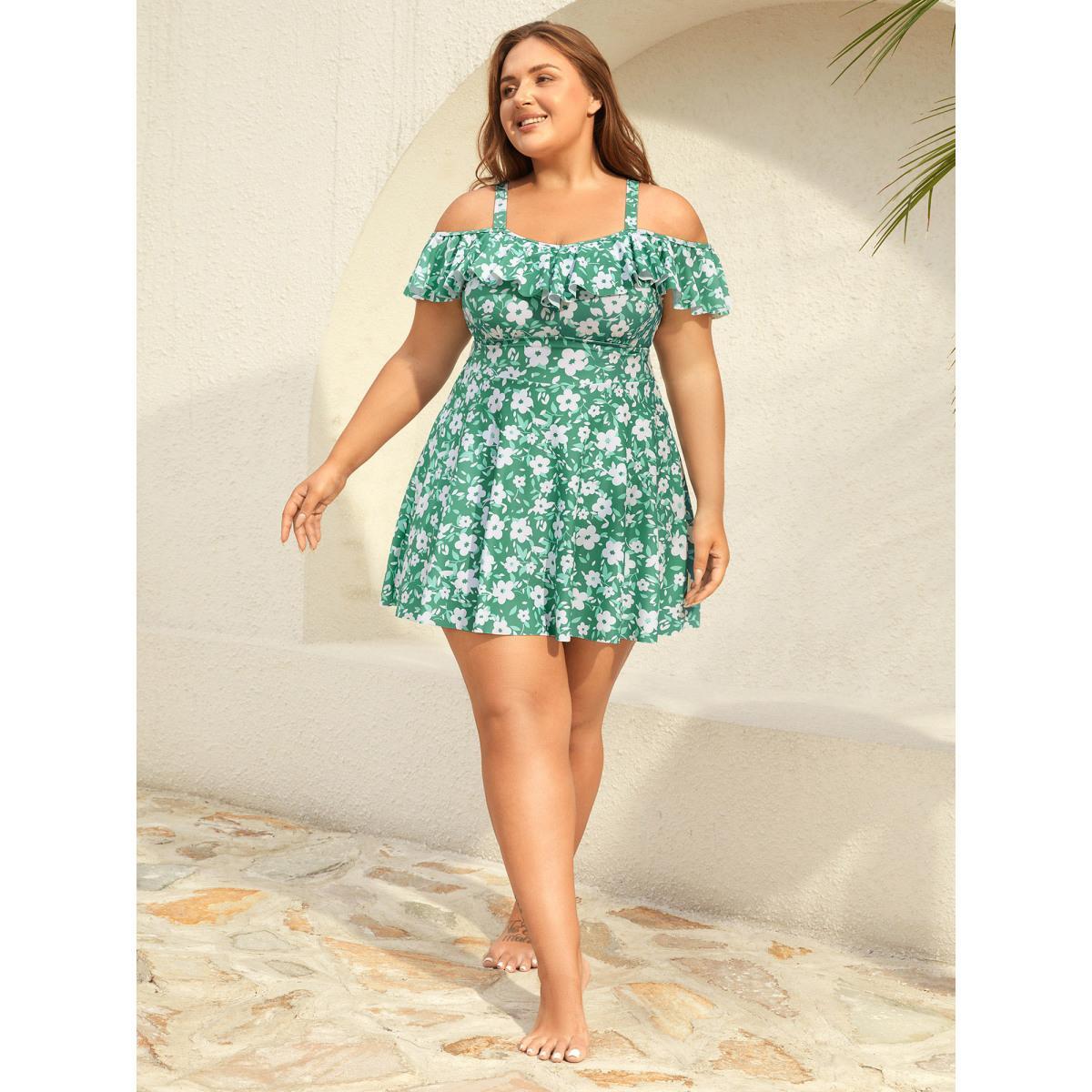 Plus Size Ditsy Floral Print Ruffled Swim Dress Women's Swimwear Greenbean Beach Bodycon One-shoulder neck High stretch Curve Swim Dresses BloomChic 18-20/2X Product Image