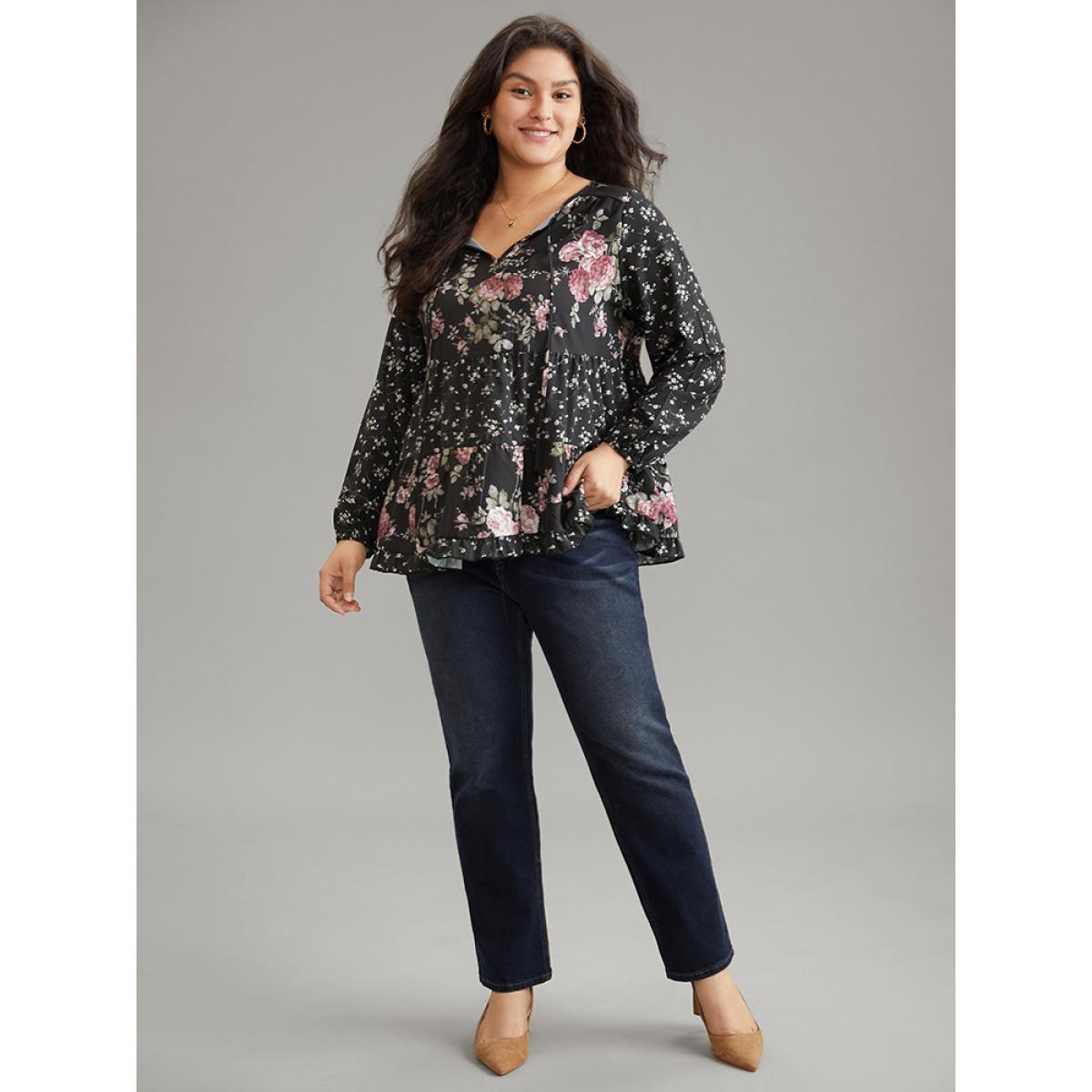 Plus Size Black Floral Knot Neck Lantern Sleeve Ruffle Layered Hem Blouse Women Elegant Long Sleeve Tie Neck Vacation Blouses BloomChic 18-20/2X Product Image