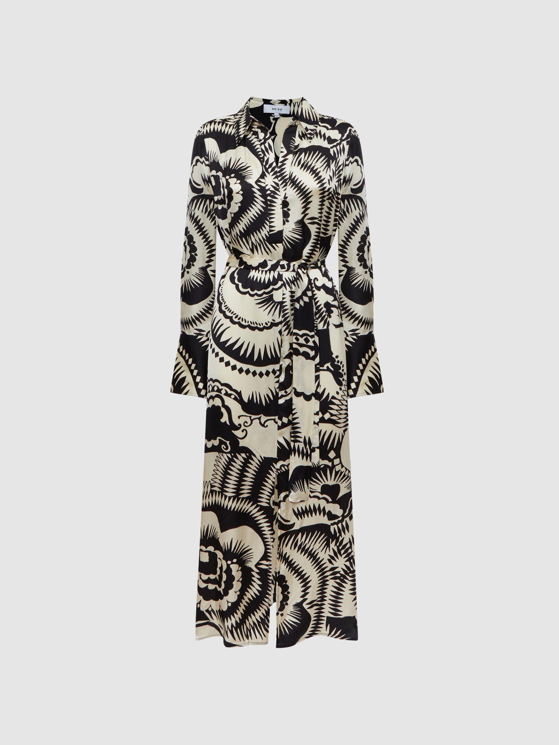Printed Long Sleeve Midi Dress in Black/White Product Image