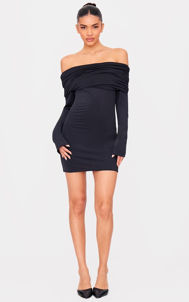 Black Matte Sculpt Double Layer Foldover Bardot Long Sleeve Mini Dress Product Image