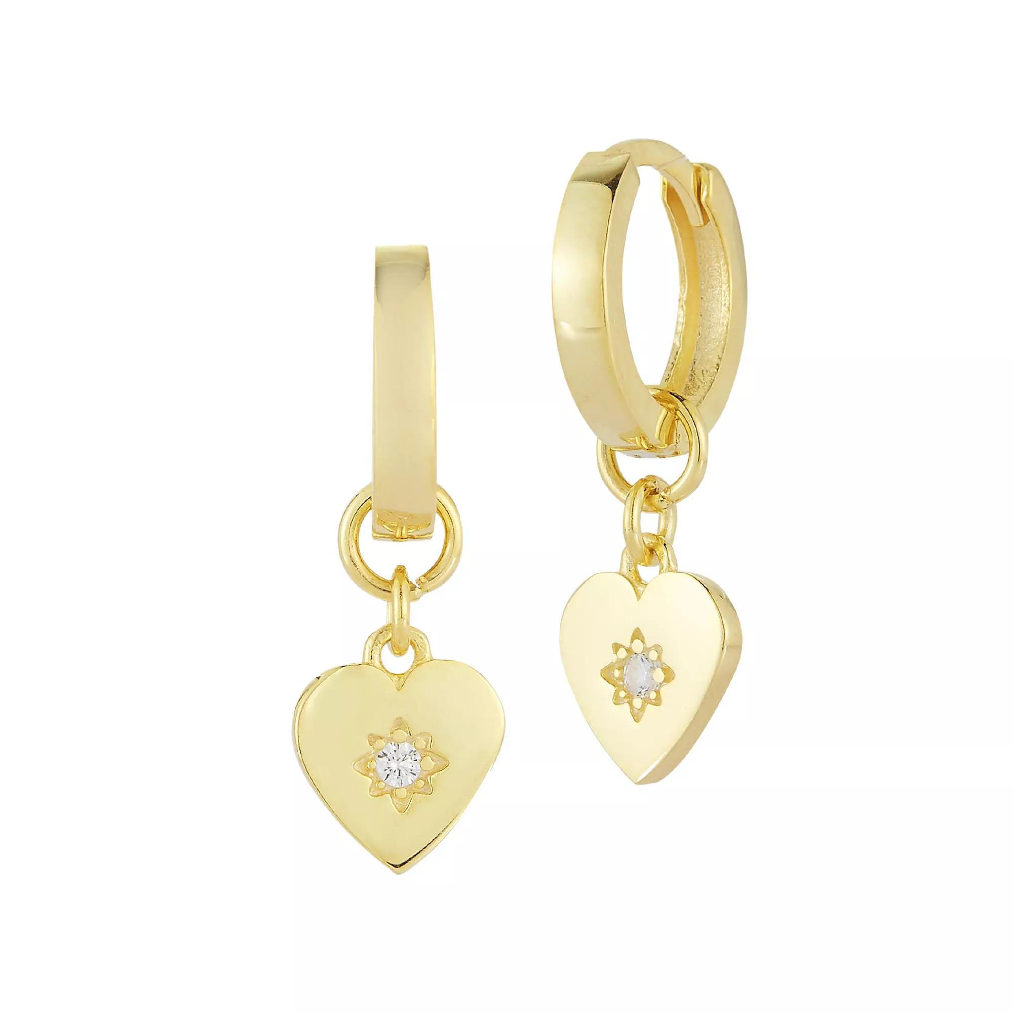 Sunkissed Sterling 14k Gold Over Silver Cubic Zirconia Heart Charm Huggie Earrings, Women's, Gold Tone Product Image