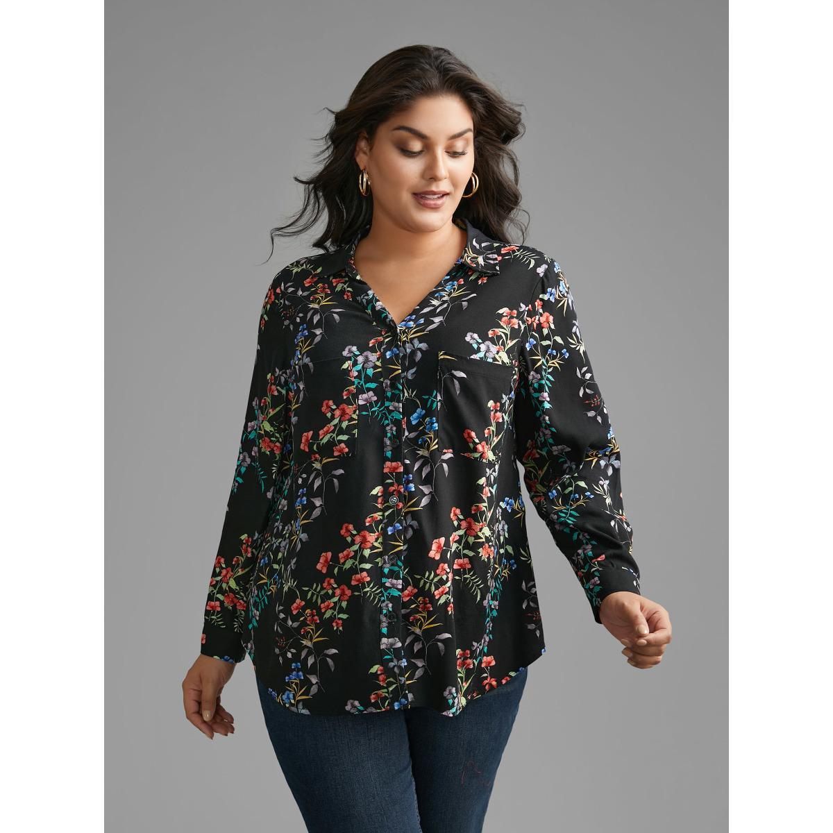 Plus Size Black Shirt Collar Floral Patched Pocket Blouse Women Elegant Long Sleeve Shirt collar Everyday Blouses BloomChic 12/L Product Image