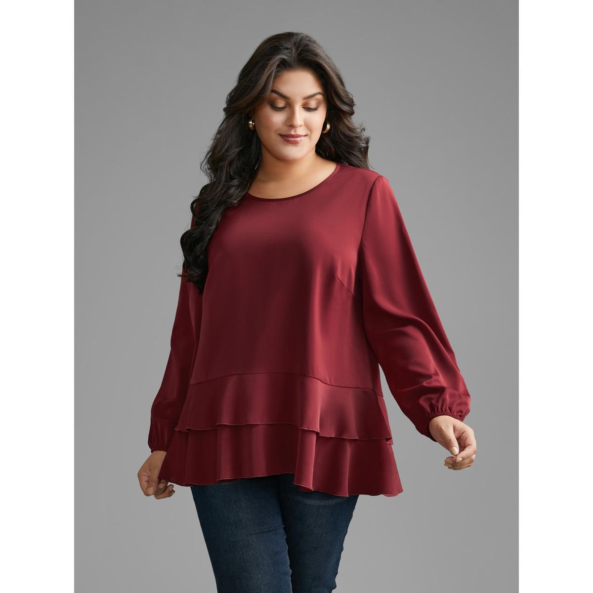 Plus Size Scarlet Plain Tiered Ruffle Hem Lantern Sleeve Blouse Women Elegant Long Sleeve Round Neck Everyday Blouses BloomChic 10/M Product Image