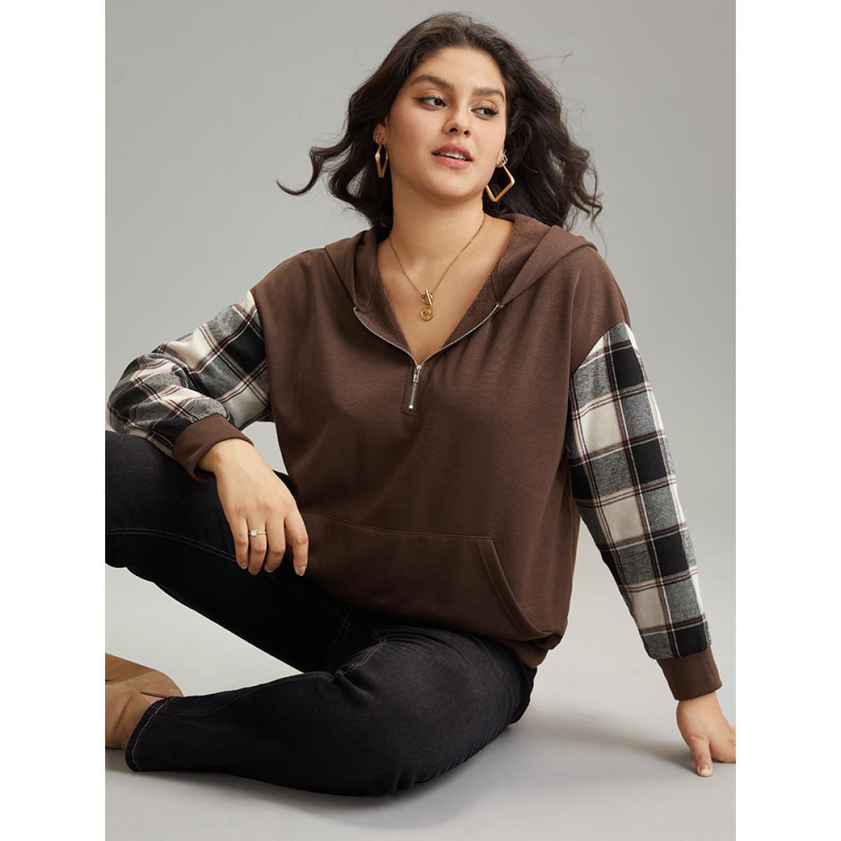 Plus Size Plaid Patchwork Half Zip Pocket Hooded Sweatshirt Women DarkBrown Casual Zipper Hooded Everyday Sweatshirts BloomChic 26/4X Product Image