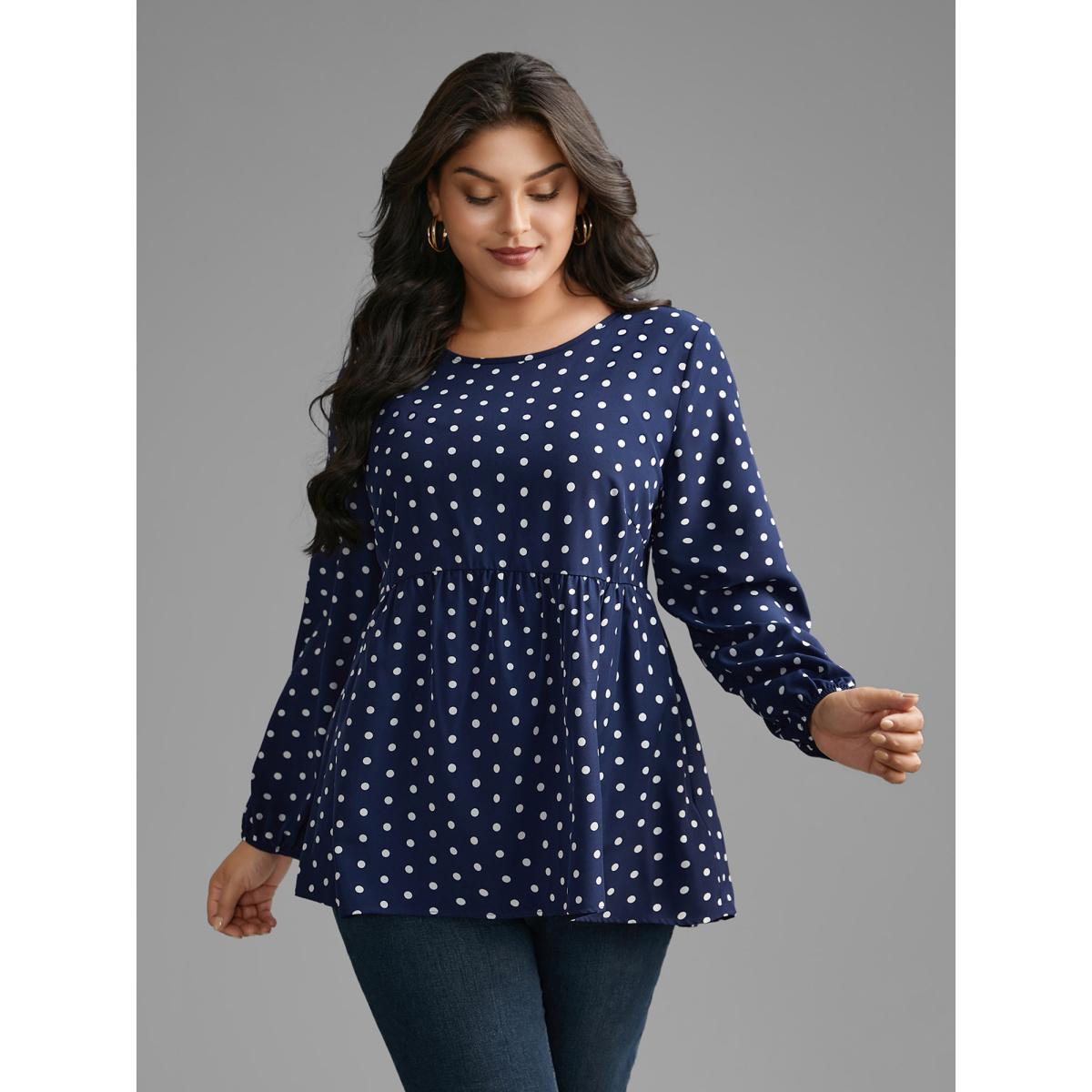 Plus Size Indigo Polka Dot Gathered Lantern Sleeve Blouse Women Elegant Long Sleeve Round Neck Everyday Blouses BloomChic 10/M Product Image