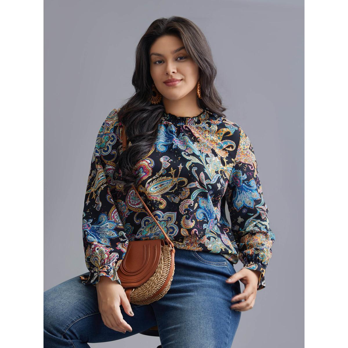 Plus Size Indigo Stand Collar Paisley Shirred Blouse Women Resort Long Sleeve Stand-up collar Vacation Blouses BloomChic 28/5X Product Image