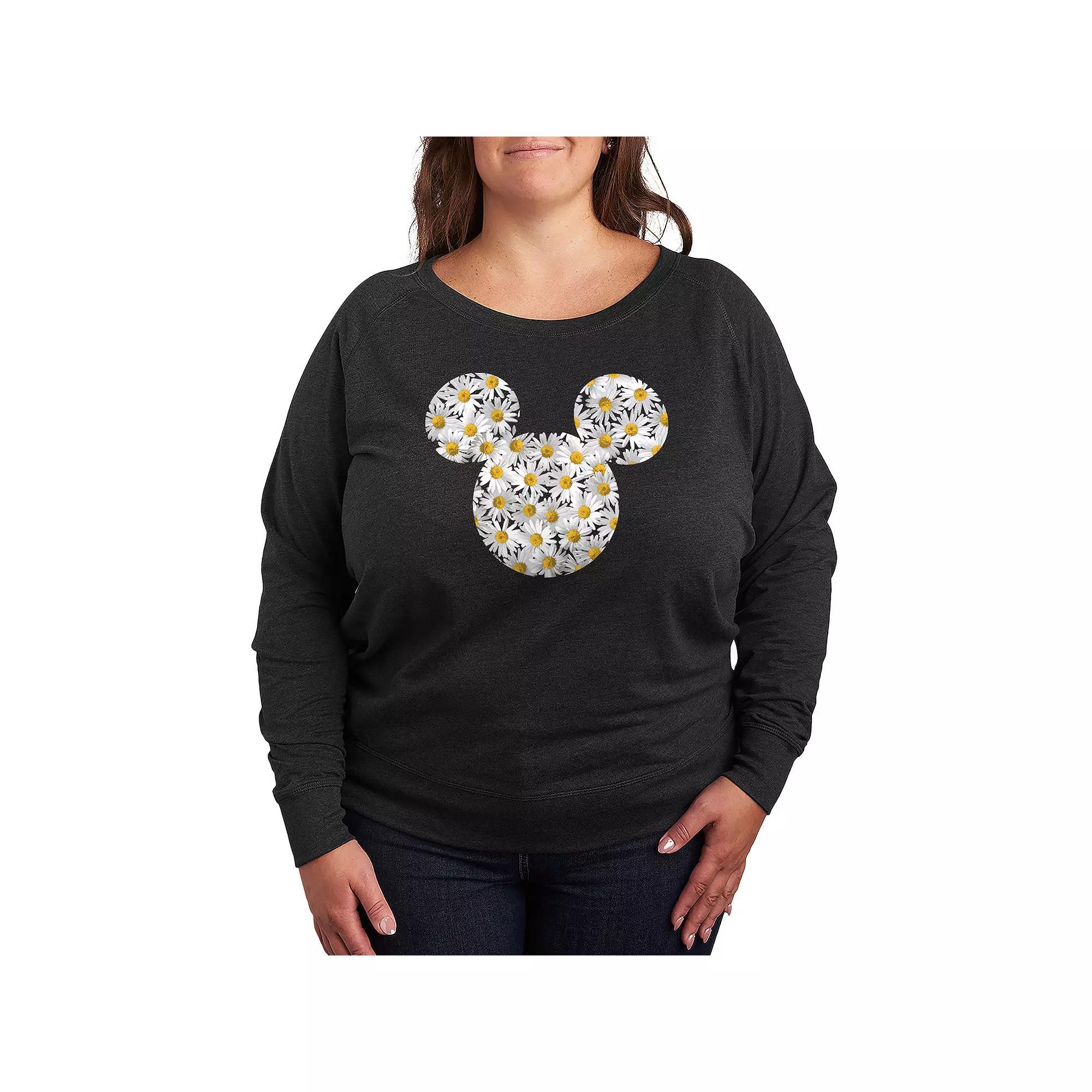 Disneys Mickey Mouse Plus Size Daisies French Terry Long Sleeve Tee, Womens Heather Grey Product Image
